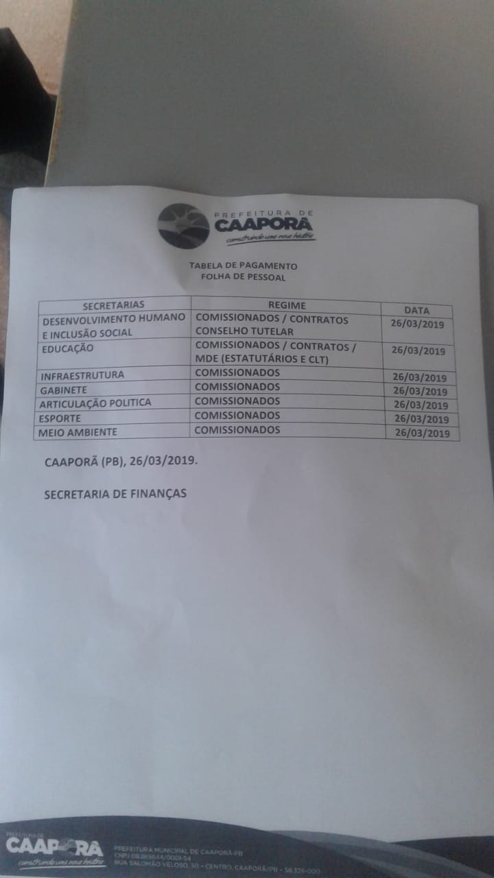 TABELA DE PAGAMENTO (26/03/2019)