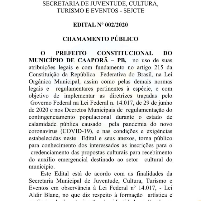 Prefeitura de Caaporã publica Edital Nº 002/2020 - Chamamento Público