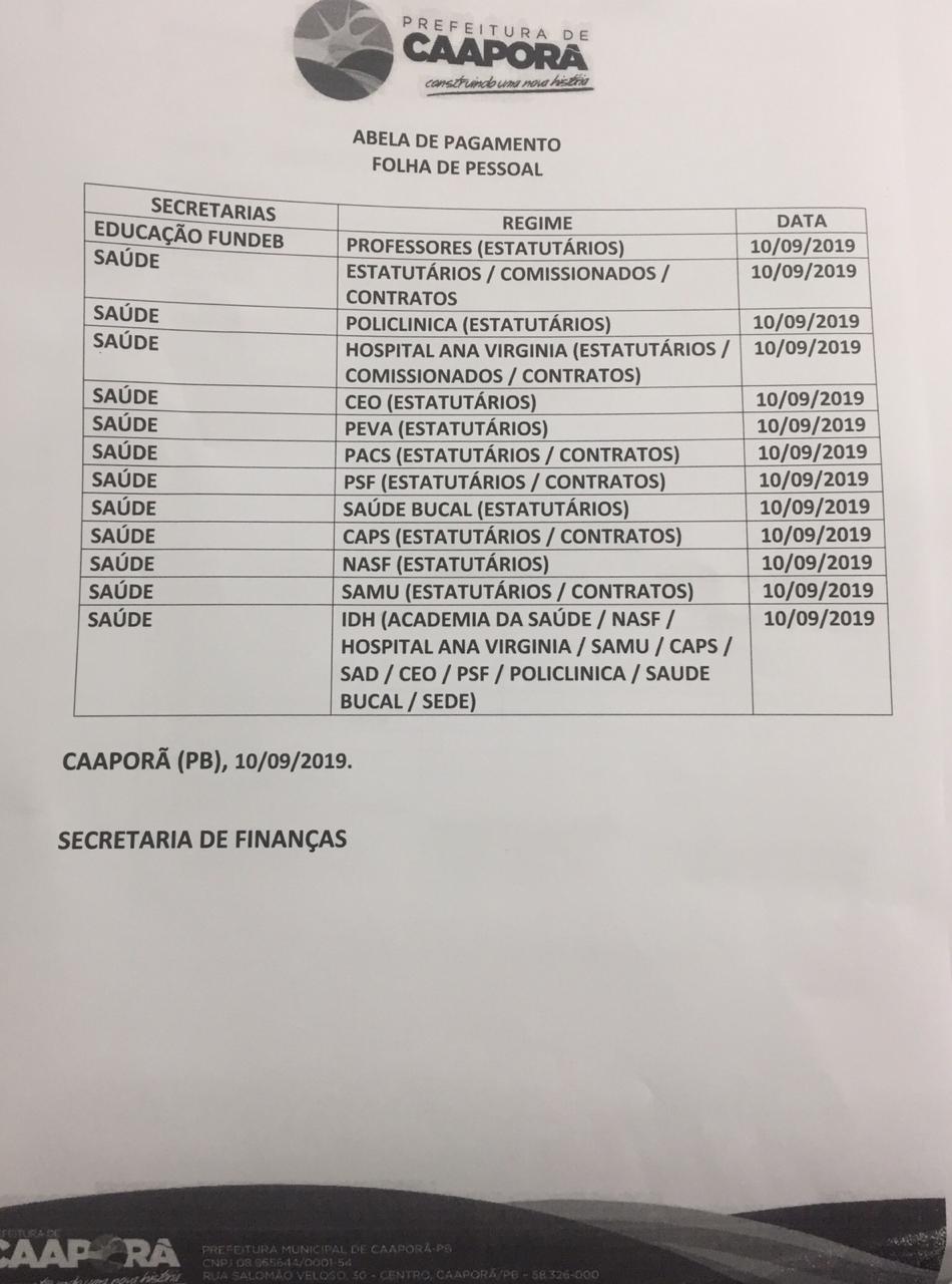 TABELA DE PAGAMENTOS (10/09/2019)