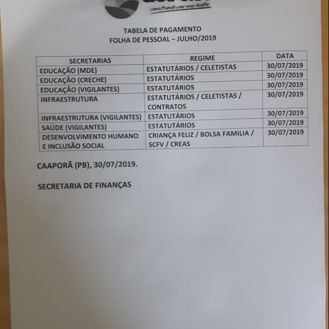 TABELA DE PAGAMENTOS (30/07/2019)