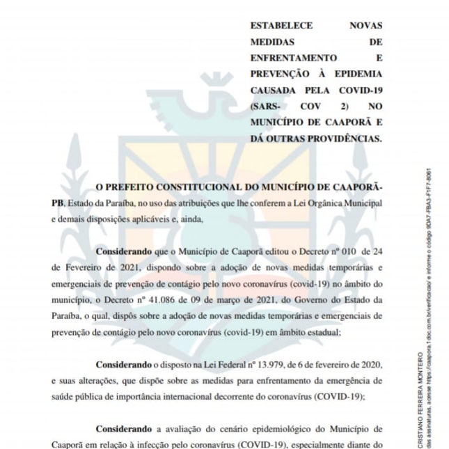 Prefeitura de Caaporã publica Decreto n.º 012/2021