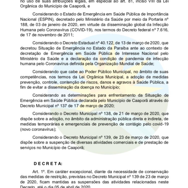 Prefeitura de Caaporã publica Decreto nº 141/2020