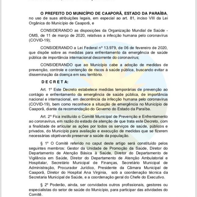 Prefeitura de Caaporã publica Decreto Nº 137/2020 e determina ações de prevenção ao COVID-19.