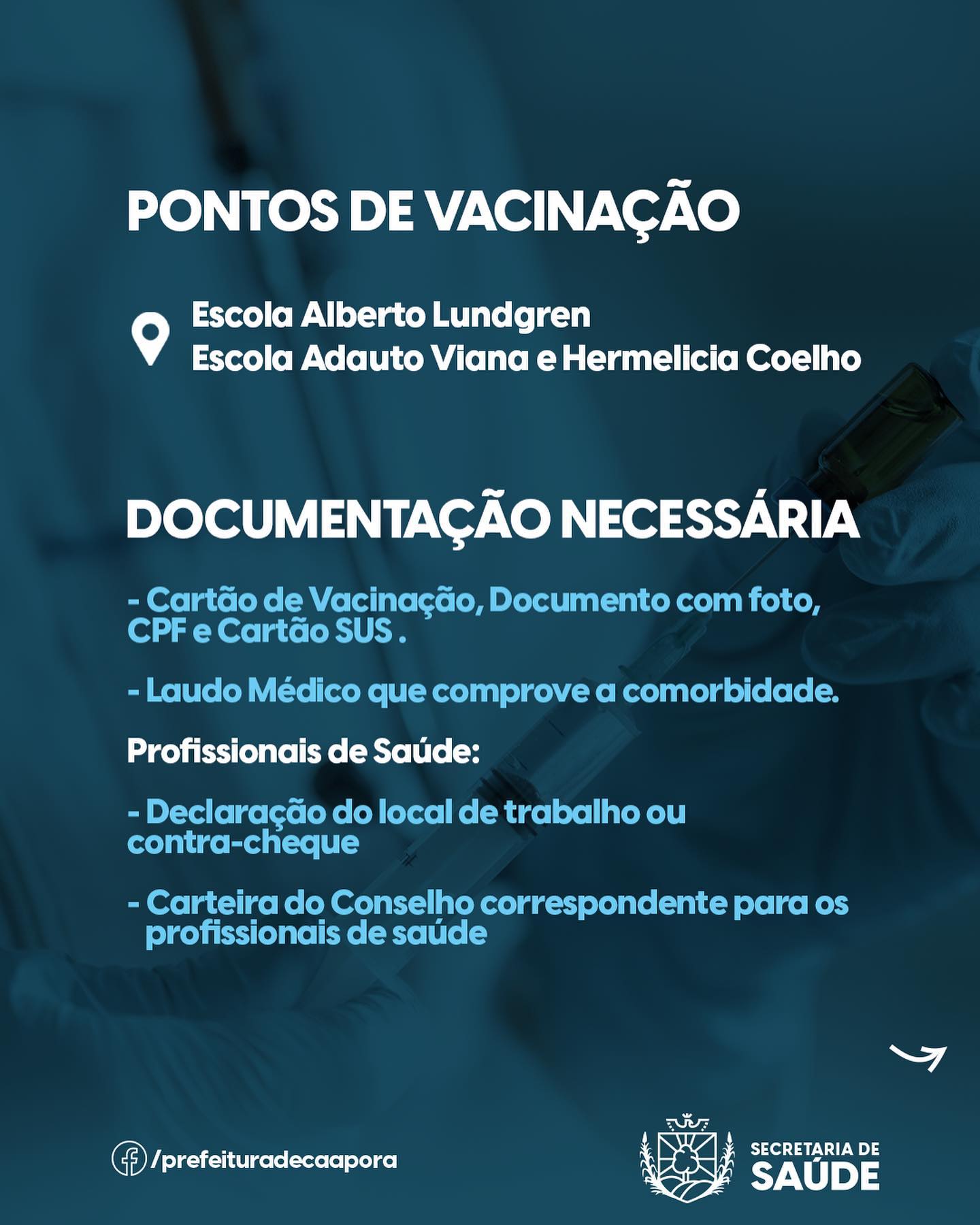 Nesta quinta-feira (13/05), será realizada mais uma vacinação da primeira dose (55 à 59 anos)