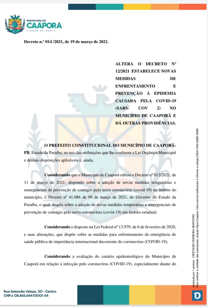 Prefeitura de Caaporã altera Decreto Nº 014/2021