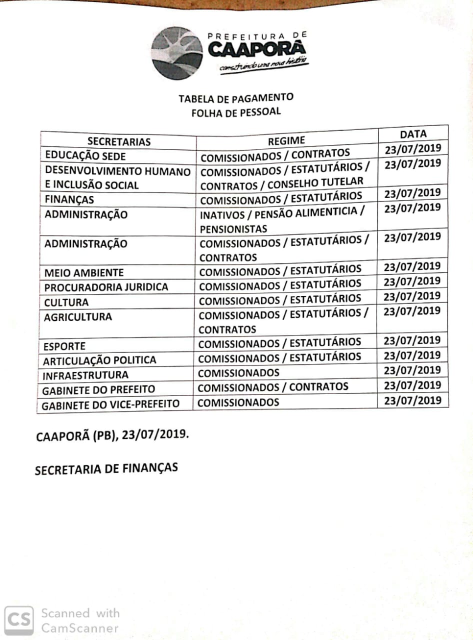 TABELA DE PAGAMENTOS  (23/07/2019)