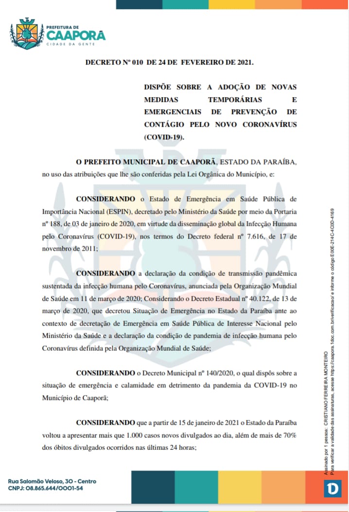 Prefeitura de Caaporã publica Decreto Nº 010/2021