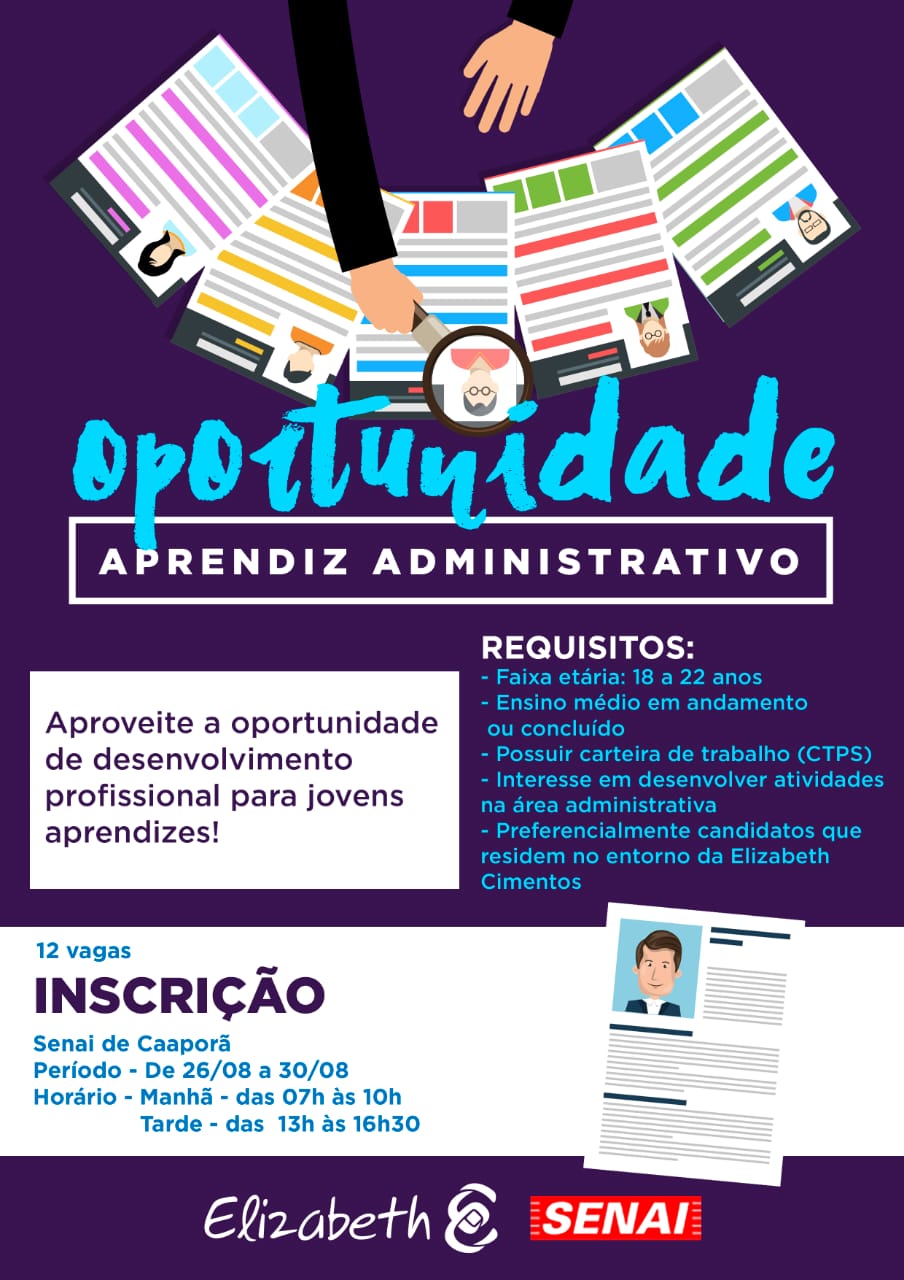 ABERTAS AS INSCRIÇÕES PARA APRENDIZ ADMINISTRATIVO DA ELIZABETH CIMENTOS